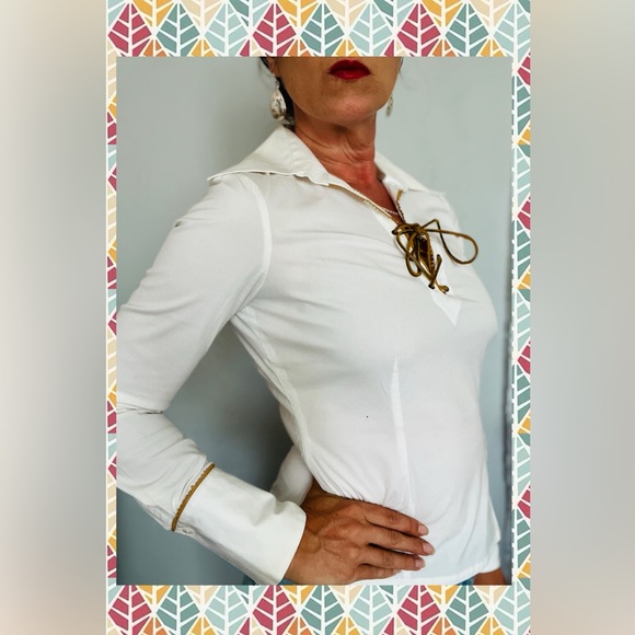 Vintage Cache Y2K Jacobite White Long  Sleeve Wide Collared Shirt Sz S - Picture 3 of 9